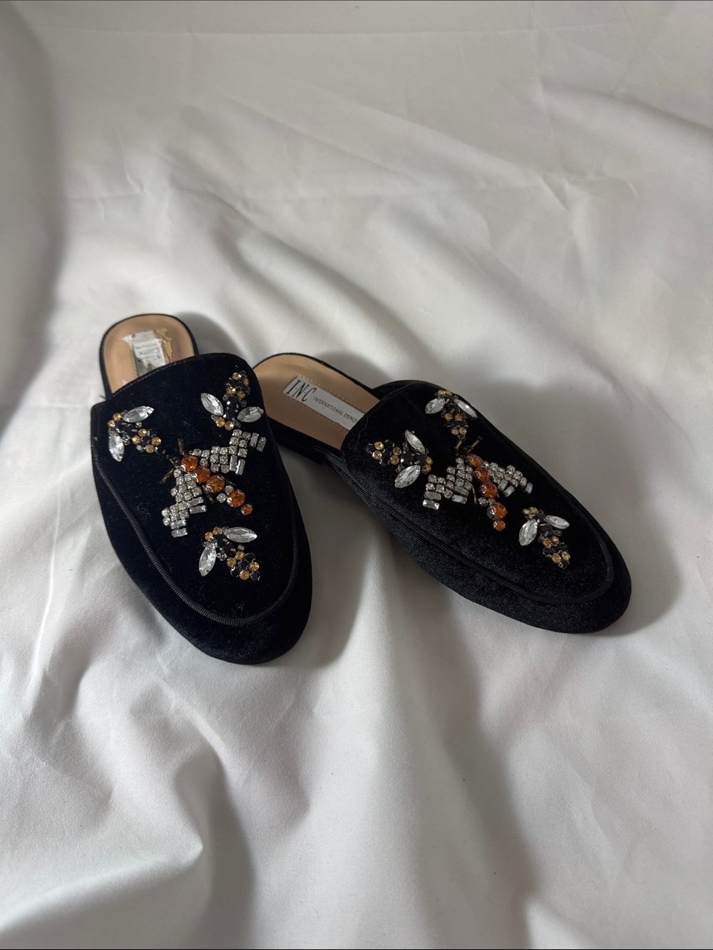 INC International Concepts Black Velvet Beaded Slip-On Mules